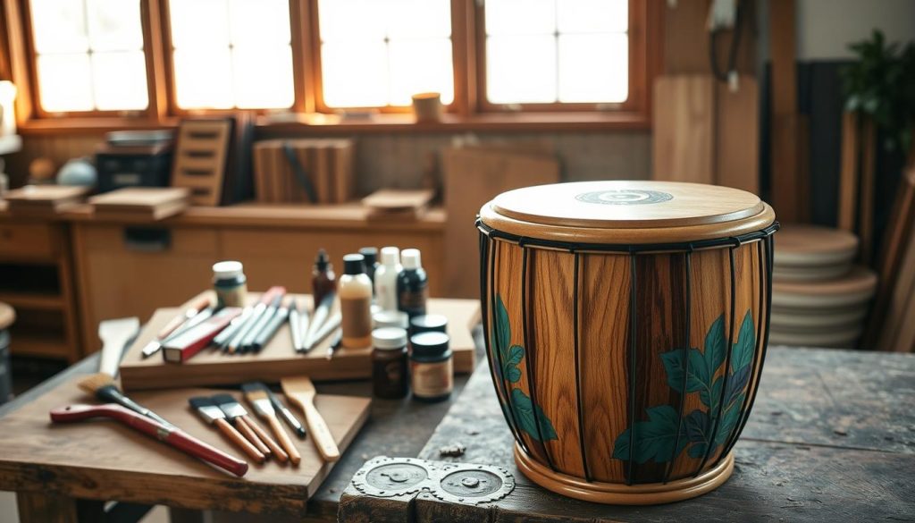 A beautifully crafted tongue drum, positioned prominently in the foreground, showcasing intricate woodwork and various finish options. The drum features vibrant, hand-painted designs that represent French artistic influences, with tones of deep blue and lush green. In the middle ground, a selection of tools for customization is displayed, including brushes and wood stains, arranged neatly on a rustic workbench. The background reveals a warm workshop environment, with soft, natural light filtering through big windows, casting gentle shadows and highlighting the textures of the wood. The atmosphere is serene and focused, evoking a sense of craftsmanship and creativity in the art of tongue drum fabrication. A beautifully crafted tongue drum, positioned prominently in the foreground, showcasing intricate woodwork and various finish options. The drum features vibrant, hand-painted designs that represent French artistic influences, with tones of deep blue and lush green. In the middle ground, a selection of tools for customization is displayed, including brushes and wood stains, arranged neatly on a rustic workbench. The background reveals a warm workshop environment, with soft, natural light filtering through big windows, casting gentle shadows and highlighting the textures of the wood. The atmosphere is serene and focused, evoking a sense of craftsmanship and creativity in the art of tongue drum fabrication.