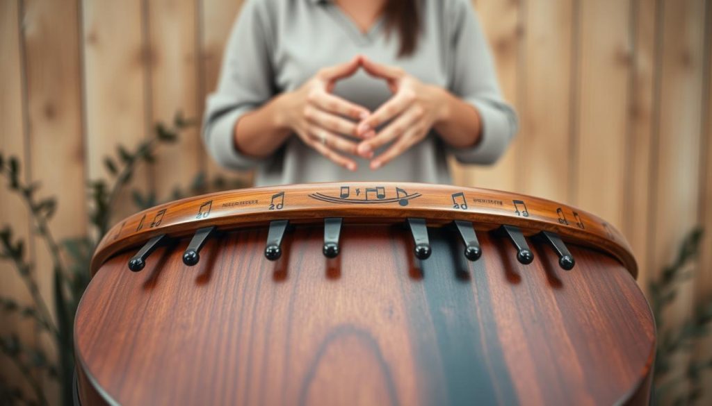 A beautifully crafted tongue drum set against a serene and softly lit wooden background. In the foreground, a close-up of the drum reveals its intricate tuning pegs and rich, polished surface, reflecting warm tones of mahogany and deep blues. The drum is centered, showcasing the distinct notes engraved on its surface, each symbolizing a different frequency. In the middle ground, a subtle hint of a musician’s hands gently hovering above the drum as if preparing to play, adorned in casual light clothing. The background is softly blurred, featuring muted natural elements like plants to create a tranquil atmosphere, enhancing the focus on the drum. The overall mood is calming and reflective, perfect for evoking a sense of exploration in sound frequencies. A beautifully crafted tongue drum set against a serene and softly lit wooden background. In the foreground, a close-up of the drum reveals its intricate tuning pegs and rich, polished surface, reflecting warm tones of mahogany and deep blues. The drum is centered, showcasing the distinct notes engraved on its surface, each symbolizing a different frequency. In the middle ground, a subtle hint of a musician’s hands gently hovering above the drum as if preparing to play, adorned in casual light clothing. The background is softly blurred, featuring muted natural elements like plants to create a tranquil atmosphere, enhancing the focus on the drum. The overall mood is calming and reflective, perfect for evoking a sense of exploration in sound frequencies.