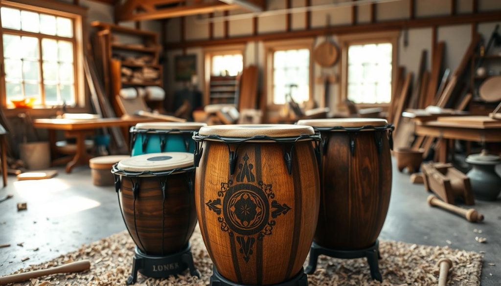 A beautifully crafted tongue drum set in the foreground, showcasing its unique, hand-carved wooden surface with intricate designs. Each drum features distinct colors, ranging from deep mahogany to vibrant turquoise. The middle ground displays a serene workshop environment filled with tools and materials indicative of artisanal craftsmanship, like wood shavings and metal mallets. In the background, soft, natural light filters through large windows, casting warm rays that accentuate the textures and details of the drums. The atmosphere is peaceful and inviting, evoking a sense of creativity and dedication to the craft. The scene is captured with a soft focus, using a gentle depth of field to emphasize the drums while maintaining an inviting workspace ambiance. A beautifully crafted tongue drum set in the foreground, showcasing its unique, hand-carved wooden surface with intricate designs. Each drum features distinct colors, ranging from deep mahogany to vibrant turquoise. The middle ground displays a serene workshop environment filled with tools and materials indicative of artisanal craftsmanship, like wood shavings and metal mallets. In the background, soft, natural light filters through large windows, casting warm rays that accentuate the textures and details of the drums. The atmosphere is peaceful and inviting, evoking a sense of creativity and dedication to the craft. The scene is captured with a soft focus, using a gentle depth of field to emphasize the drums while maintaining an inviting workspace ambiance.