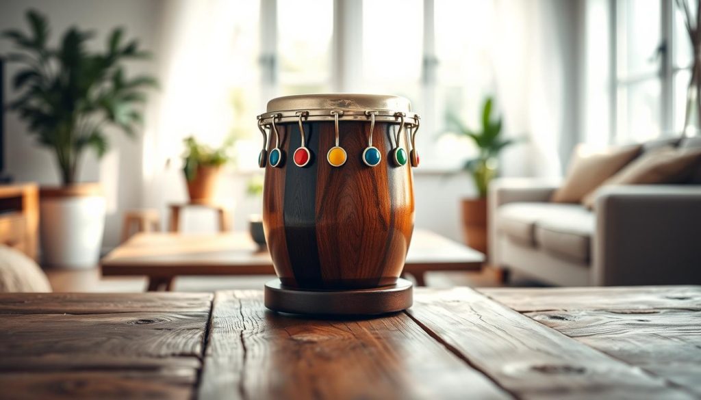 A beautifully crafted tongue drum with multiple brightly-colored ports representing different notes, displayed prominently in the foreground. The instrument sits on a rustic wooden table, showcasing its intricate design and luster. In the midground, a serene and inviting room filled with soft, natural light filters through large windows, illuminating the scene softly. A few potted plants add a touch of greenery, enhancing the peaceful atmosphere. In the background, gentle shadows hint at a cozy living space, filled with calming decor. The focus is sharp on the drum, emphasizing its details, while a soft bokeh effect blurs the background, creating depth. The overall mood is tranquil and inspiring, suggesting the joy of playing music. A beautifully crafted tongue drum with multiple brightly-colored ports representing different notes, displayed prominently in the foreground. The instrument sits on a rustic wooden table, showcasing its intricate design and luster. In the midground, a serene and inviting room filled with soft, natural light filters through large windows, illuminating the scene softly. A few potted plants add a touch of greenery, enhancing the peaceful atmosphere. In the background, gentle shadows hint at a cozy living space, filled with calming decor. The focus is sharp on the drum, emphasizing its details, while a soft bokeh effect blurs the background, creating depth. The overall mood is tranquil and inspiring, suggesting the joy of playing music.