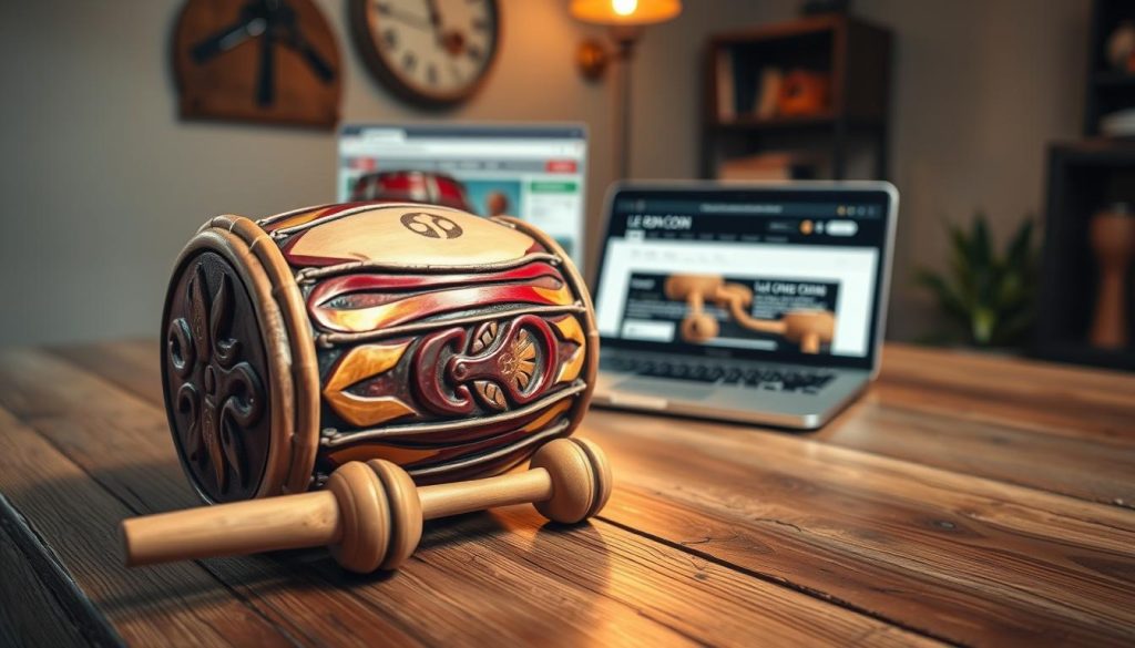 A close-up image of a beautifully crafted tongue drum placed on a rustic wooden table, showcasing its intricate carvings and multiple vibrant colors. In the foreground, focus on the polished surface of the drum, with a couple of mallets resting beside it. In the middle ground, include an open laptop displaying the Le Bon Coin website, highlighting a listing for a used tongue drum. The background features soft, warm lighting illuminating the setting, creating an inviting atmosphere. The scene is shot from a slightly elevated angle, capturing the details of the drum and the laptop while blurring the background slightly for depth. The overall mood is friendly and informative, perfect for a guide on inspecting used tongue drums. A close-up image of a beautifully crafted tongue drum placed on a rustic wooden table, showcasing its intricate carvings and multiple vibrant colors. In the foreground, focus on the polished surface of the drum, with a couple of mallets resting beside it. In the middle ground, include an open laptop displaying the Le Bon Coin website, highlighting a listing for a used tongue drum. The background features soft, warm lighting illuminating the setting, creating an inviting atmosphere. The scene is shot from a slightly elevated angle, capturing the details of the drum and the laptop while blurring the background slightly for depth. The overall mood is friendly and informative, perfect for a guide on inspecting used tongue drums.