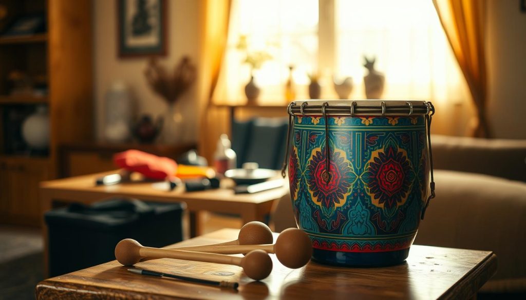A close-up view of a beautifully crafted tongue drum made from high-quality materials, showcasing its intricate designs and vibrant colors. The drum is positioned in the foreground on a simple wooden table, with a pair of mallets resting beside it, emphasizing its role as a budget-friendly musical instrument. In the middle ground, softly blurred, there are various accessories such as a carrying bag and a tuning tool, hinting at additional costs to be considered. The background features a warm, softly-lit room with subtle decorations, creating an inviting and serene atmosphere. A soft golden light floods in from a nearby window, casting gentle shadows and highlighting the texture of the drum’s surface, suggesting an affordable yet delightful musical experience. A close-up view of a beautifully crafted tongue drum made from high-quality materials, showcasing its intricate designs and vibrant colors. The drum is positioned in the foreground on a simple wooden table, with a pair of mallets resting beside it, emphasizing its role as a budget-friendly musical instrument. In the middle ground, softly blurred, there are various accessories such as a carrying bag and a tuning tool, hinting at additional costs to be considered. The background features a warm, softly-lit room with subtle decorations, creating an inviting and serene atmosphere. A soft golden light floods in from a nearby window, casting gentle shadows and highlighting the texture of the drum’s surface, suggesting an affordable yet delightful musical experience.