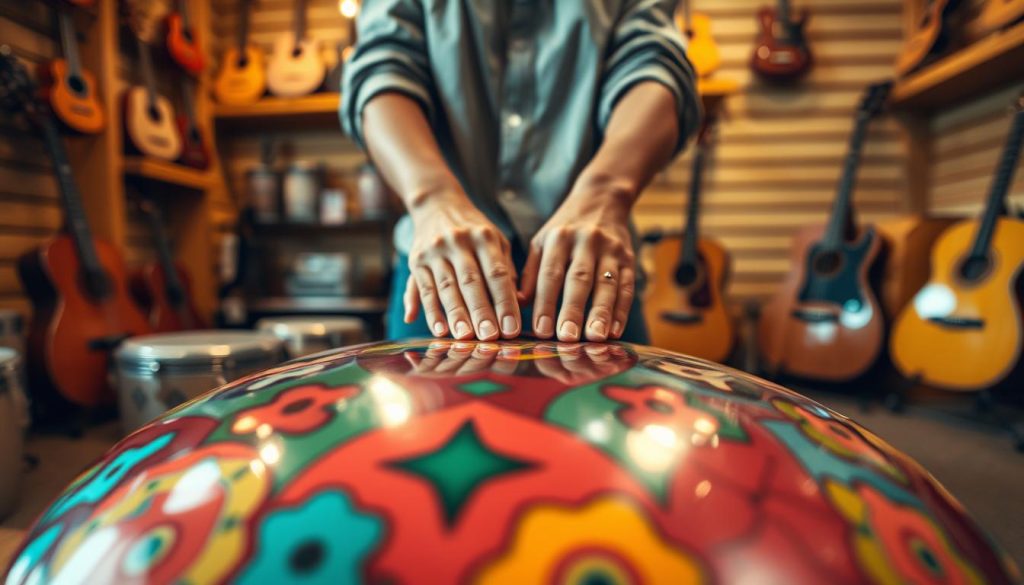 A close-up view of a beautifully crafted tongue drum made of vibrant materials, showcasing its intricate designs and colors. The foreground features the drum with its shiny surface reflecting the light, highlighting the craftsmanship and varying textures. In the middle, a pair of hands, wearing modest casual clothing, gently taps different areas of the drum to create sound waves that visually ripple outward. The background is softly blurred, featuring a cozy room that resembles a music store with warm lighting, wooden shelves, and other musical instruments subtly placed, creating an inviting atmosphere. The mood is serene and inviting, emphasizing the joy of discovering the sound quality of the tongue drum. A close-up view of a beautifully crafted tongue drum made of vibrant materials, showcasing its intricate designs and colors. The foreground features the drum with its shiny surface reflecting the light, highlighting the craftsmanship and varying textures. In the middle, a pair of hands, wearing modest casual clothing, gently taps different areas of the drum to create sound waves that visually ripple outward. The background is softly blurred, featuring a cozy room that resembles a music store with warm lighting, wooden shelves, and other musical instruments subtly placed, creating an inviting atmosphere. The mood is serene and inviting, emphasizing the joy of discovering the sound quality of the tongue drum.