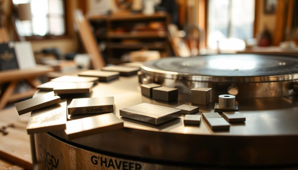 A close-up view of various materials used in tongue drum construction, prominently featuring steel, stainless steel, and nitrided finishes. In the foreground, showcase polished steel pieces reflecting soft, warm lighting to emphasize their texture and quality. The middle layer should highlight a partially assembled tongue drum, displaying its intricate cuts and craftsmanship, alongside small samples of the materials used for comparison. In the background, a blurred woodwork workshop setting, hinting at the handcrafted process with tools and wooden surfaces softly illuminated. The overall mood should be serene and professional, capturing the essence of quality and craftsmanship in musical instrument making, with natural light streaming through a workshop window for an inviting atmosphere. A close-up view of various materials used in tongue drum construction, prominently featuring steel, stainless steel, and nitrided finishes. In the foreground, showcase polished steel pieces reflecting soft, warm lighting to emphasize their texture and quality. The middle layer should highlight a partially assembled tongue drum, displaying its intricate cuts and craftsmanship, alongside small samples of the materials used for comparison. In the background, a blurred woodwork workshop setting, hinting at the handcrafted process with tools and wooden surfaces softly illuminated. The overall mood should be serene and professional, capturing the essence of quality and craftsmanship in musical instrument making, with natural light streaming through a workshop window for an inviting atmosphere.