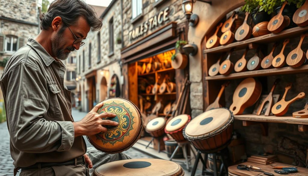 A picturesque scene capturing the essence of purchasing artisan tongue drums in France. In the foreground, a skilled artisan in modest casual clothing carefully crafts a beautiful tongue drum, showcasing intricate designs and vibrant colors. The middle ground features a cozy boutique filled with various high-quality tongue drums displayed on wooden shelves, inviting customers to explore. In the background, a charming French village with stone buildings and cobblestone streets adds authenticity. Soft, warm lighting cascades through the shop's windows, creating a welcoming atmosphere. The mood is serene and inspiring, encouraging a connection to local craftsmanship and the beauty of handmade instruments. A picturesque scene capturing the essence of purchasing artisan tongue drums in France. In the foreground, a skilled artisan in modest casual clothing carefully crafts a beautiful tongue drum, showcasing intricate designs and vibrant colors. The middle ground features a cozy boutique filled with various high-quality tongue drums displayed on wooden shelves, inviting customers to explore. In the background, a charming French village with stone buildings and cobblestone streets adds authenticity. Soft, warm lighting cascades through the shop's windows, creating a welcoming atmosphere. The mood is serene and inspiring, encouraging a connection to local craftsmanship and the beauty of handmade instruments.