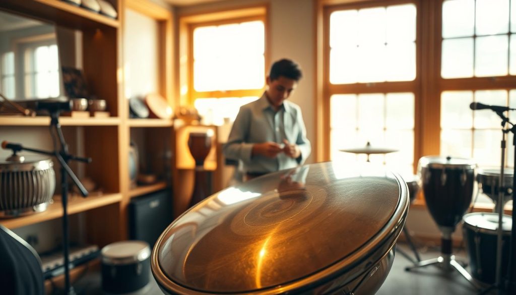 A serene and inviting music studio setting, focusing on an elegant tongue drum made of resonant metal. In the foreground, capture the tongue drum, showcasing its intricate design and polished surface, reflecting light in a soft, warm glow. In the middle, include a pair of hands gently playing the drum, wearing modest and professional attire, emphasizing the craftsmanship. The background features wooden shelves lined with various percussion instruments, bathed in natural light streaming through large window panes, creating a tranquil atmosphere. The mood is peaceful yet inspirational, highlighting the beauty and quality of sound that can be achieved, even on a budget. Use a slight depth of field to draw attention to the drum, ensuring the lighting enhances its tonal qualities and craftsmanship without any text or distractions. A serene and inviting music studio setting, focusing on an elegant tongue drum made of resonant metal. In the foreground, capture the tongue drum, showcasing its intricate design and polished surface, reflecting light in a soft, warm glow. In the middle, include a pair of hands gently playing the drum, wearing modest and professional attire, emphasizing the craftsmanship. The background features wooden shelves lined with various percussion instruments, bathed in natural light streaming through large window panes, creating a tranquil atmosphere. The mood is peaceful yet inspirational, highlighting the beauty and quality of sound that can be achieved, even on a budget. Use a slight depth of field to draw attention to the drum, ensuring the lighting enhances its tonal qualities and craftsmanship without any text or distractions.