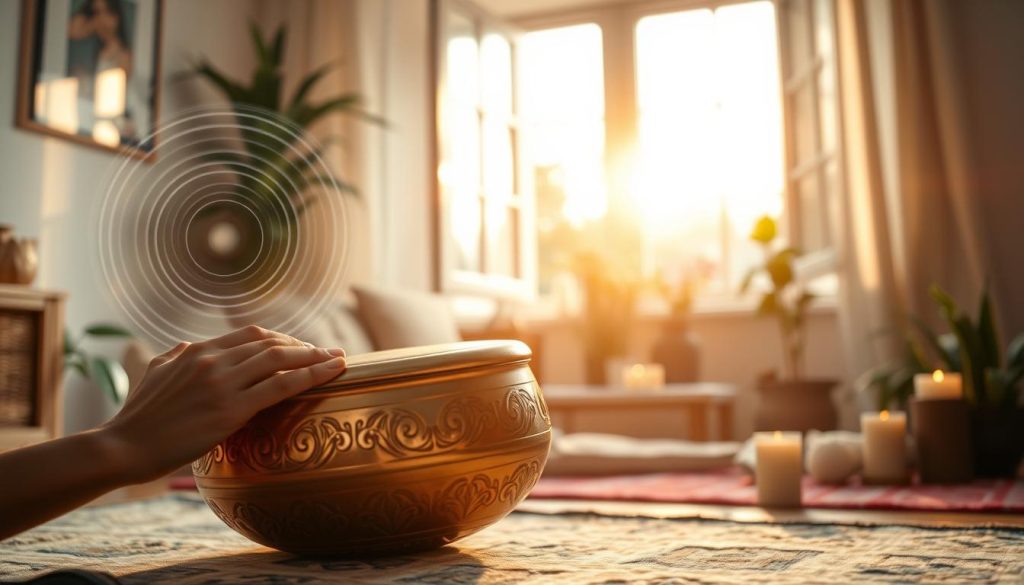 A serene, artistic interpretation of a tongue drum tuned to 432 Hz, set in an inviting cozy room with soft, ambient lighting. In the foreground, the beautifully crafted drum features intricate designs, glinting softly to highlight its metallic tones. To the left, a pair of hands gently strikes the drum, producing a visual representation of sound waves that radiate outward, symbolizing harmony and tranquility. In the middle, an open window allows warm, natural light to filter in, casting a gentle glow around the room. In the background, plants and candles add peaceful elements, enhancing the calming atmosphere. The composition captures a sense of mindfulness and connection to sound, portraying the unique allure of the 432 Hz frequency. A serene, artistic interpretation of a tongue drum tuned to 432 Hz, set in an inviting cozy room with soft, ambient lighting. In the foreground, the beautifully crafted drum features intricate designs, glinting softly to highlight its metallic tones. To the left, a pair of hands gently strikes the drum, producing a visual representation of sound waves that radiate outward, symbolizing harmony and tranquility. In the middle, an open window allows warm, natural light to filter in, casting a gentle glow around the room. In the background, plants and candles add peaceful elements, enhancing the calming atmosphere. The composition captures a sense of mindfulness and connection to sound, portraying the unique allure of the 432 Hz frequency.