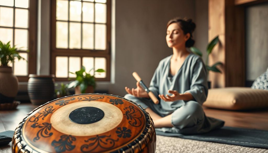A serene indoor setting showcasing a beautifully crafted tongue drum made of wood and metal, emphasized in the foreground. The drum’s intricate design features vibrant colors and delicate patterns. In the middle ground, a person dressed in modest, comfortable clothing sits cross-legged, deeply engaged in meditation while gently playing the drum, eyes closed, exuding tranquility. Soft, diffused natural light filters through a window, casting a warm glow across the scene, highlighting the intricate craftsmanship of the instrument. In the background, calming elements like lush potted plants and cozy cushions create an inviting atmosphere perfect for yoga and therapy sessions. The overall mood should evoke peace, creativity, and a sense of connection with music and mindfulness.