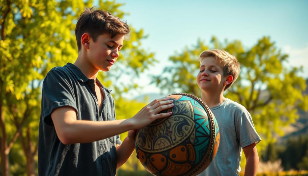A serene outdoor setting with two teenage boys, dressed in casual clothing, engaged in a sound test of a tongue drum on a warm afternoon. In the foreground, one boy is gently striking the tongue drum, while the other listens attentively, eyes closed, focused on the sound. In the middle ground, the tongue drum, intricately designed with colorful patterns, gleams under soft, natural sunlight. Surrounding them are lush green trees and a clear blue sky, evoking a peaceful atmosphere. The background features distant hills, slightly blurred to emphasize the boys. The lighting is warm and inviting, creating a sense of calm and joy, highlighting the beauty of the moment and the instrument's resonant sound. A serene outdoor setting with two teenage boys, dressed in casual clothing, engaged in a sound test of a tongue drum on a warm afternoon. In the foreground, one boy is gently striking the tongue drum, while the other listens attentively, eyes closed, focused on the sound. In the middle ground, the tongue drum, intricately designed with colorful patterns, gleams under soft, natural sunlight. Surrounding them are lush green trees and a clear blue sky, evoking a peaceful atmosphere. The background features distant hills, slightly blurred to emphasize the boys. The lighting is warm and inviting, creating a sense of calm and joy, highlighting the beauty of the moment and the instrument's resonant sound.
