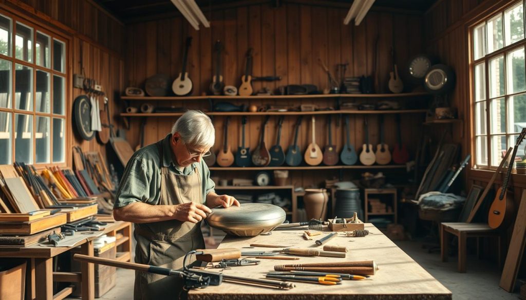A serene workshop scene centered around a master craftsman skillfully creating a high-quality tongue drum. In the foreground, the artisan, dressed in modest casual attire, is carefully shaping a metal tongue drum, surrounded by tools and materials showcasing craftsmanship. The middle ground features shelves filled with finished instruments, reflecting varied designs and colors, hinting at the diversity in craftsmanship. The background reveals warm wooden walls adorned with natural lighting filtering through large windows, casting soft shadows that enhance the atmosphere of creativity and dedication. The overall mood is one of artistry and professionalism, capturing the essence of the artisanship involved in instrument-making.