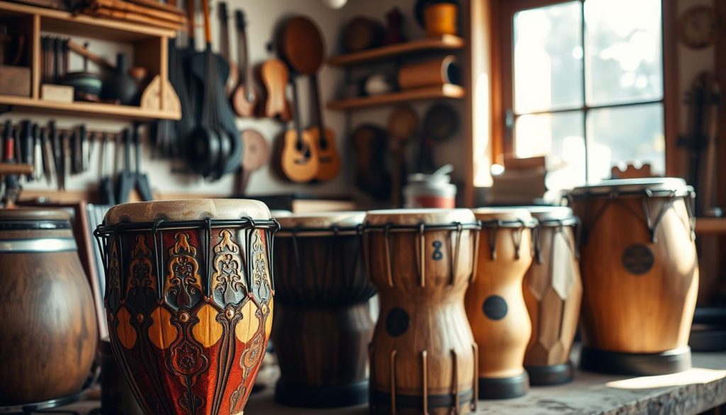 A well-crafted assortment of various sizes and diameters of tongue drums displayed in an artistic workshop setting. In the foreground, a beautifully handcrafted tongue drum with intricate carvings is positioned prominently, showcasing its unique texture and vibrant colors. The middle ground features additional drums of differing sizes, emphasizing the contrast in their diameters. Soft, natural light streams in from a nearby window, casting gentle shadows that highlight the craftsmanship. In the background, shelves lined with tools and musical instruments enhance the artisanal atmosphere. The mood is warm and inviting, evoking a sense of creativity and craftsmanship, ideal for a music lover’s workspace. The image focuses solely on the instruments and their environment, creating a serene ambiance perfect for illustrating the nuances of size and sound depth. A well-crafted assortment of various sizes and diameters of tongue drums displayed in an artistic workshop setting. In the foreground, a beautifully handcrafted tongue drum with intricate carvings is positioned prominently, showcasing its unique texture and vibrant colors. The middle ground features additional drums of differing sizes, emphasizing the contrast in their diameters. Soft, natural light streams in from a nearby window, casting gentle shadows that highlight the craftsmanship. In the background, shelves lined with tools and musical instruments enhance the artisanal atmosphere. The mood is warm and inviting, evoking a sense of creativity and craftsmanship, ideal for a music lover’s workspace. The image focuses solely on the instruments and their environment, creating a serene ambiance perfect for illustrating the nuances of size and sound depth.