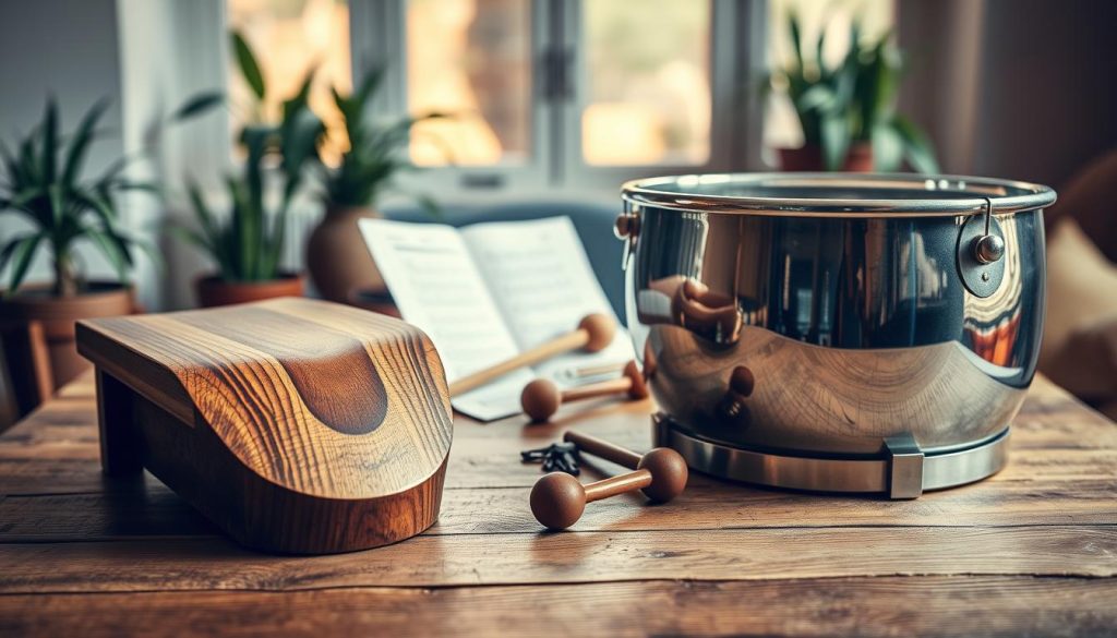 A beautifully arranged comparison of wooden and metal tongue drums, set on a rustic wooden table. In the foreground, showcase a finely crafted wooden tongue drum, highlighting its rich grain and warm tones, alongside a sleek, polished metal tongue drum, reflecting cool, metallic hues. The middle ground features a soft focus of musical accessories, such as mallets and music sheets, hinting at their use. In the background, a warm, ambient light bathes the scene, creating a cozy atmosphere in a serene room with natural elements, like potted plants. The overall mood is inviting and reflective, encouraging viewers to consider their musical needs when choosing between the two materials. A beautifully arranged comparison of wooden and metal tongue drums, set on a rustic wooden table. In the foreground, showcase a finely crafted wooden tongue drum, highlighting its rich grain and warm tones, alongside a sleek, polished metal tongue drum, reflecting cool, metallic hues. The middle ground features a soft focus of musical accessories, such as mallets and music sheets, hinting at their use. In the background, a warm, ambient light bathes the scene, creating a cozy atmosphere in a serene room with natural elements, like potted plants. The overall mood is inviting and reflective, encouraging viewers to consider their musical needs when choosing between the two materials.