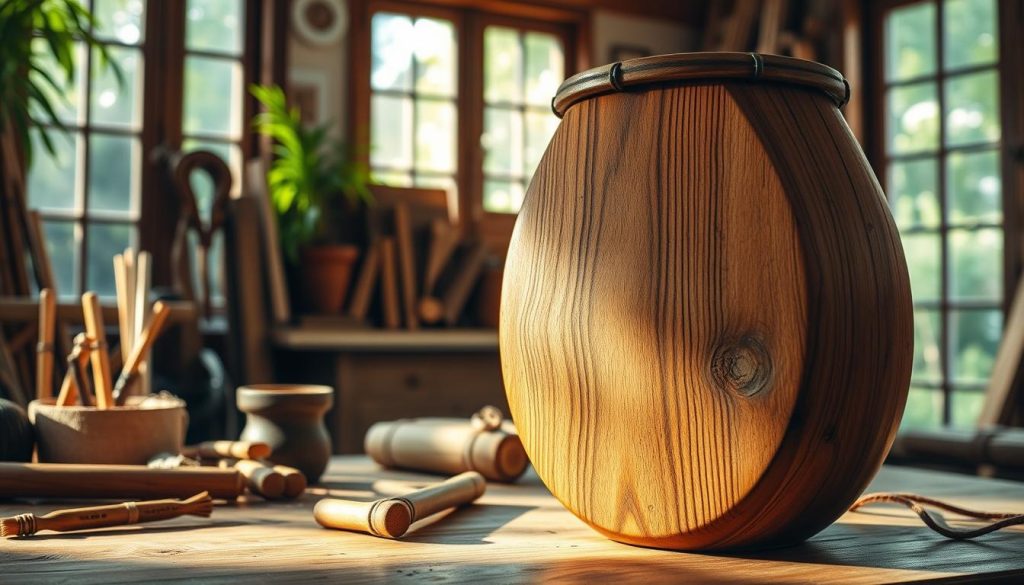 A beautifully crafted wooden tongue drum, displaying intricate carvings and a warm, rich finish, sits prominently in the foreground. The drum is highlighted by soft, warm lighting that brings out the texture of the wood, casting gentle shadows. In the middle ground, a cozy workshop scene features hand tools and natural materials like bamboo and leather, enhancing the artisanal feel. The background showcases large windows allowing natural daylight to flood in, creating a serene atmosphere filled with hints of greenery from outside. The overall mood is inviting and creative, emphasizing the accessibility and warmth of making a wooden tongue drum. The composition is shot at a slightly elevated angle, capturing both the drum and the craftsmanship surroundings harmoniously.