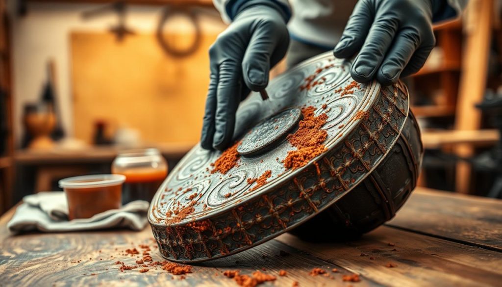 A close-up view of a rusted steel tongue drum on a wooden table, with some rust flakes being carefully brushed away by a pair of hands wearing protective gloves. The foreground prominently displays the hands and the drum with intricate designs, showcasing texture and color contrasts between the dark metal and the reddish-brown rust. In the middle ground, a small container with rust removal solution and a soft cloth can be seen, emphasizing the cleaning process. The background features a soft, blurred workshop setting with warm, diffused lighting that creates a calm atmosphere, enhancing the focus on the drum. The image should evoke a sense of care and skill in maintaining this musical instrument, highlighting the importance of aesthetic preservation. A close-up view of a rusted steel tongue drum on a wooden table, with some rust flakes being carefully brushed away by a pair of hands wearing protective gloves. The foreground prominently displays the hands and the drum with intricate designs, showcasing texture and color contrasts between the dark metal and the reddish-brown rust. In the middle ground, a small container with rust removal solution and a soft cloth can be seen, emphasizing the cleaning process. The background features a soft, blurred workshop setting with warm, diffused lighting that creates a calm atmosphere, enhancing the focus on the drum. The image should evoke a sense of care and skill in maintaining this musical instrument, highlighting the importance of aesthetic preservation.