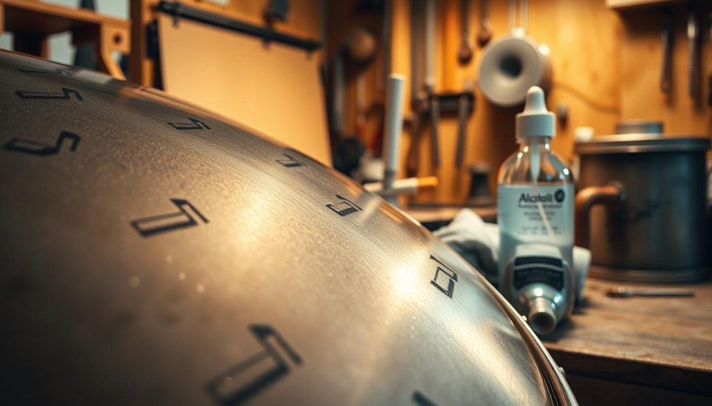 A close-up view of a steel tongue drum being cleaned, focusing on its intricate surface with glistening notes. In the foreground, a soft cloth gently wipes away moisture, while in the middle ground, a small bottle of alcohol-based cleaning solution sits next to the drum, reflecting the light. The background features a warm, softly lit workshop, with wooden workbench elements, tools, and hints of rust on surrounding metallic objects, suggesting the theme of cleaning and maintenance. The lighting is bright and inviting, highlighting the textures of the drum and the cleaning process, creating a calm and professional atmosphere. The overall mood is focused and industrious, enhancing the theme of safe cleaning techniques. A close-up view of a steel tongue drum being cleaned, focusing on its intricate surface with glistening notes. In the foreground, a soft cloth gently wipes away moisture, while in the middle ground, a small bottle of alcohol-based cleaning solution sits next to the drum, reflecting the light. The background features a warm, softly lit workshop, with wooden workbench elements, tools, and hints of rust on surrounding metallic objects, suggesting the theme of cleaning and maintenance. The lighting is bright and inviting, highlighting the textures of the drum and the cleaning process, creating a calm and professional atmosphere. The overall mood is focused and industrious, enhancing the theme of safe cleaning techniques.