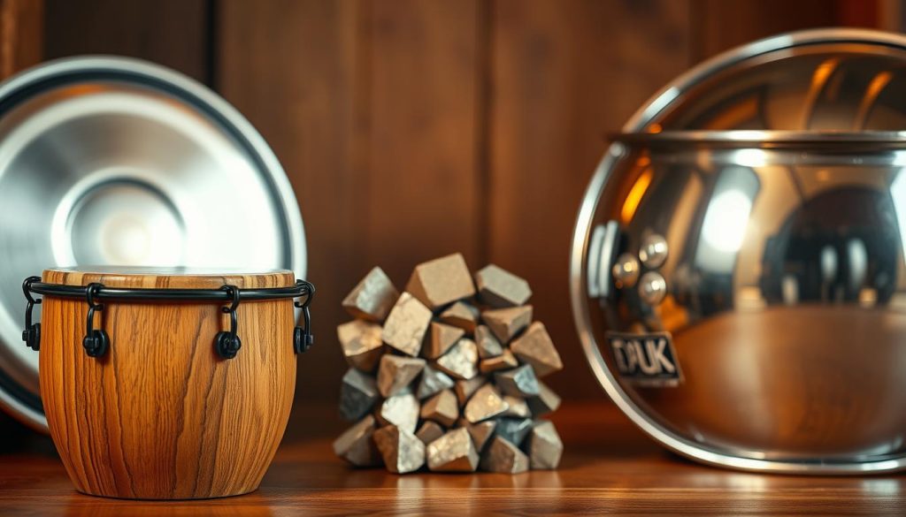 A detailed comparison of musical materials featuring a wooden tongue drum and a steel drum in a harmonious setting. In the foreground, showcase the wooden drum with fine grain and polished finish, contrasted with a shiny steel drum emphasizing its metallic texture. In the middle, display fragments of various alloys, highlighting their differences in appearance; shine, weight, and color variations. The background should be softly blurred, with warm and inviting lighting that mimics a cozy, intimate performance space. Use a warm color palette to evoke a sense of creativity and craftsmanship, with soft shadows to add depth and dimension. The image should reflect a thoughtful exploration of sound quality and material characteristics, creating an atmosphere of artistic discovery.