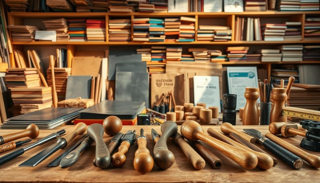 A detailed workspace showcasing essential tools and materials for crafting a tongue drum. In the foreground, prominently display a variety of hand tools like chisels, mallets, and a tuner, arranged neatly on a wooden workbench. In the middle ground, include various tongue drum components such as metal sheets, a set of rubber mallets, and measuring tools, hinting at an organized workspace. In the background, soft-lit shelves filled with colorful wood planks and instructional books create a warm and inviting atmosphere. Use natural lighting to cast gentle shadows, emphasizing the textures of the materials. Aim for a focused, productive vibe, evoking creativity and craftsmanship in a serene workshop setting. The composition should be professionally arranged and aesthetically pleasing.