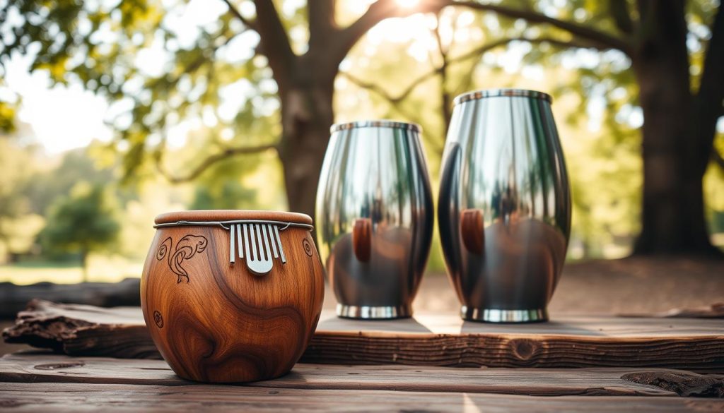 A harmonious blend of warm, natural wood and sleek, modern metal designs representing eco-responsibility in aesthetics. In the foreground, a beautifully crafted wooden tongue drum with intricate carvings sits on a rustic wooden table. In the middle, a stunning metallic tongue drum, reflecting light with a polished finish, highlights the contrast. The background features a serene nature scene with soft, dappled sunlight filtering through leafy trees, evoking a warm and inviting atmosphere. The lighting is soft and diffused, creating an inviting and cozy mood. Capture this scene with a slightly angled perspective to emphasize the textures of both instruments and their connection to nature, showcasing eco-friendly design principles that celebrate both warm and modern aesthetics. A harmonious blend of warm, natural wood and sleek, modern metal designs representing eco-responsibility in aesthetics. In the foreground, a beautifully crafted wooden tongue drum with intricate carvings sits on a rustic wooden table. In the middle, a stunning metallic tongue drum, reflecting light with a polished finish, highlights the contrast. The background features a serene nature scene with soft, dappled sunlight filtering through leafy trees, evoking a warm and inviting atmosphere. The lighting is soft and diffused, creating an inviting and cozy mood. Capture this scene with a slightly angled perspective to emphasize the textures of both instruments and their connection to nature, showcasing eco-friendly design principles that celebrate both warm and modern aesthetics.