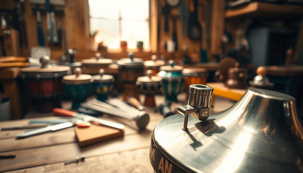 A highly detailed close-up of a steel instrument used for tuning a tongue drum, prominently displayed in the foreground. The instrument glimmers under soft, warm studio lighting, highlighting its polished surface and intricate craftsmanship. In the middle ground, a variety of tongue drums in different sizes and colors are arranged artfully, showcasing the diversity of designs. The background features a wooden workshop setting, with tools neatly organized on a workbench and soft natural light streaming through a window, creating a serene and focused atmosphere. The overall mood is one of craftsmanship and attention to detail, inviting viewers to appreciate the art of instrument care and maintenance.