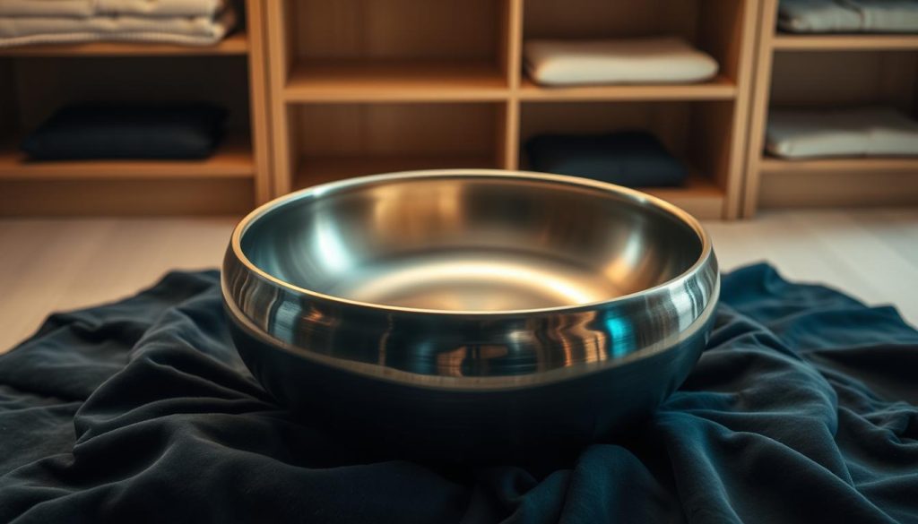 A polished handpan nestled on a soft, dark velvet cloth, highlighting its intricate curves and metallic surface with deep hues of blue and silver. The handpan is center stage, reflecting gentle, warm light that creates an inviting glow, enhancing its craftsmanship. In the background, there are subtle silhouettes of storage shelves lined with soft, protective materials to emphasize proper care. The atmosphere is serene and tranquil, evoking a sense of calm and mindfulness. The angle captures the handpan from slightly above, showcasing its unique, resonant design while ensuring a crisp focus on its details. The lighting is soft, with shadows adding depth without overwhelming the subject. A polished handpan nestled on a soft, dark velvet cloth, highlighting its intricate curves and metallic surface with deep hues of blue and silver. The handpan is center stage, reflecting gentle, warm light that creates an inviting glow, enhancing its craftsmanship. In the background, there are subtle silhouettes of storage shelves lined with soft, protective materials to emphasize proper care. The atmosphere is serene and tranquil, evoking a sense of calm and mindfulness. The angle captures the handpan from slightly above, showcasing its unique, resonant design while ensuring a crisp focus on its details. The lighting is soft, with shadows adding depth without overwhelming the subject.