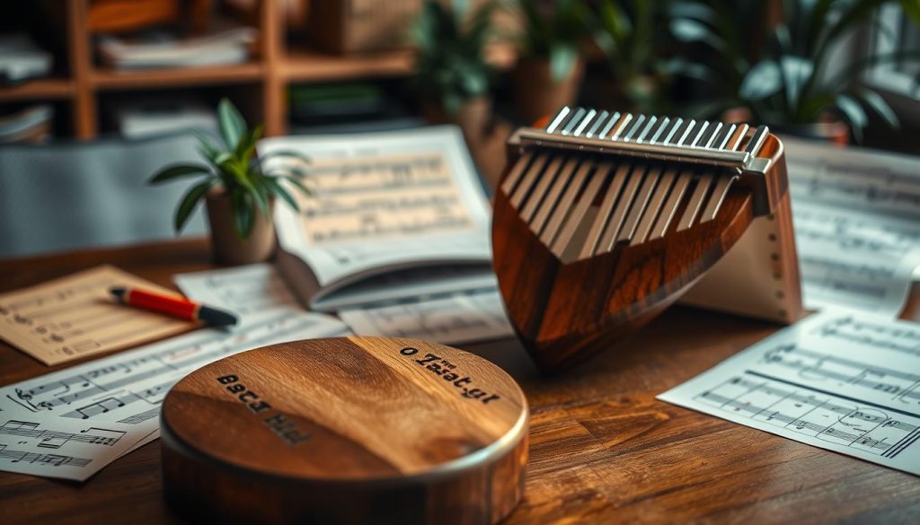 A serene and artistic display of a handcrafted tongue drum, made of both wood and metal, situated on a wooden table. In the foreground, focus on the intricate details of the drum's surface, showcasing the various notes and scales engraved on it. The middle ground features colorful musical notation sheets scattered around, with diagrams of different tunings and keys. In the background, a softly lit ambiance with subtle plants, hinting at a cozy and creative music studio. The lighting is warm and inviting, casting gentle shadows that enhance the textures of the drum. The overall atmosphere should evoke a sense of calm and inspiration, appealing to musicians and enthusiasts alike. A serene and artistic display of a handcrafted tongue drum, made of both wood and metal, situated on a wooden table. In the foreground, focus on the intricate details of the drum's surface, showcasing the various notes and scales engraved on it. The middle ground features colorful musical notation sheets scattered around, with diagrams of different tunings and keys. In the background, a softly lit ambiance with subtle plants, hinting at a cozy and creative music studio. The lighting is warm and inviting, casting gentle shadows that enhance the textures of the drum. The overall atmosphere should evoke a sense of calm and inspiration, appealing to musicians and enthusiasts alike.