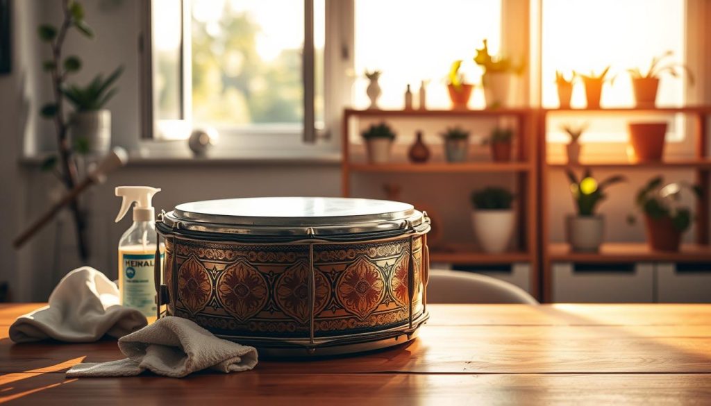 A serene scene depicting a steel tongue drum placed on a wooden table in a bright, sunlit room. In the foreground, the drum gleams with intricate, colorful patterns reflecting its craftsmanship. To the left, a soft cloth and a gentle cleaning solution are artfully arranged, suggesting maintenance and care. In the middle ground, an open window reveals gentle breezes rustling through green foliage outside, conveying freshness and a natural atmosphere. The background features soft-focus shelves adorned with various cleaning tools and plants, adding tranquility. Warm daylight filters through, enhancing the colors and creating a cozy, inviting mood. Emphasize clarity and detail, ensuring a harmonious relationship between the drum and its surroundings, evoking a sense of care and upkeep in a specific climate. A serene scene depicting a steel tongue drum placed on a wooden table in a bright, sunlit room. In the foreground, the drum gleams with intricate, colorful patterns reflecting its craftsmanship. To the left, a soft cloth and a gentle cleaning solution are artfully arranged, suggesting maintenance and care. In the middle ground, an open window reveals gentle breezes rustling through green foliage outside, conveying freshness and a natural atmosphere. The background features soft-focus shelves adorned with various cleaning tools and plants, adding tranquility. Warm daylight filters through, enhancing the colors and creating a cozy, inviting mood. Emphasize clarity and detail, ensuring a harmonious relationship between the drum and its surroundings, evoking a sense of care and upkeep in a specific climate.